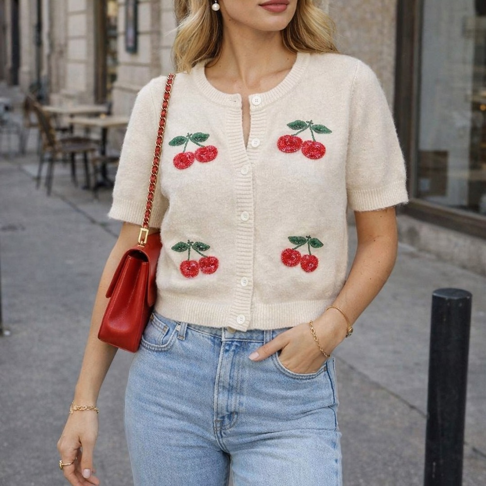 Belldini Cream Cardigan with Cherry Embroidery